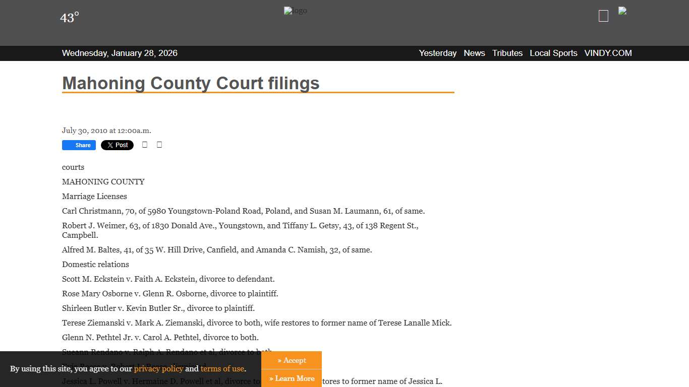 Mahoning County Court filings Vindy Archives