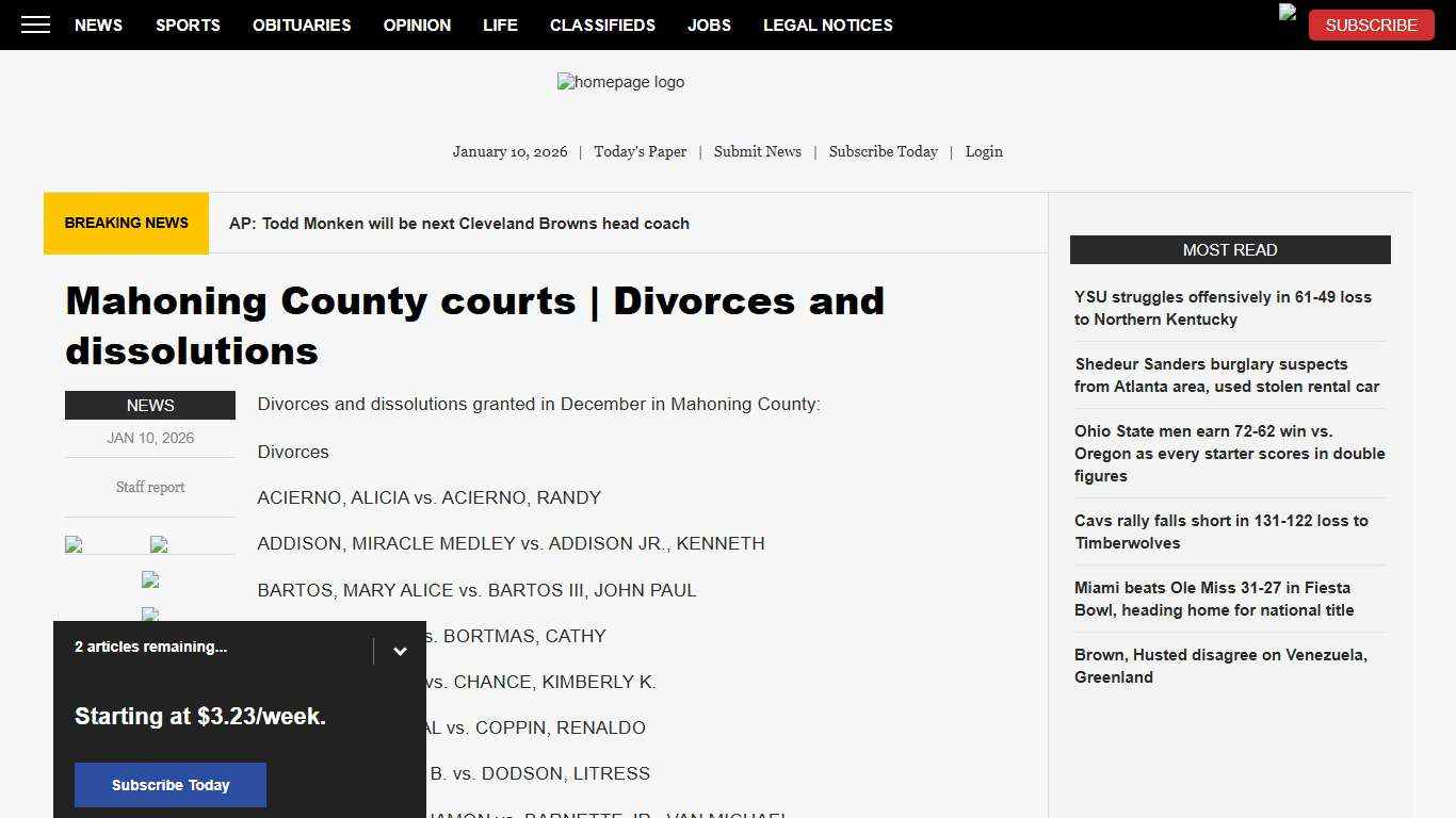 Mahoning County courts Divorces and dissolutions News, Sports, Jobs - The Vindicator