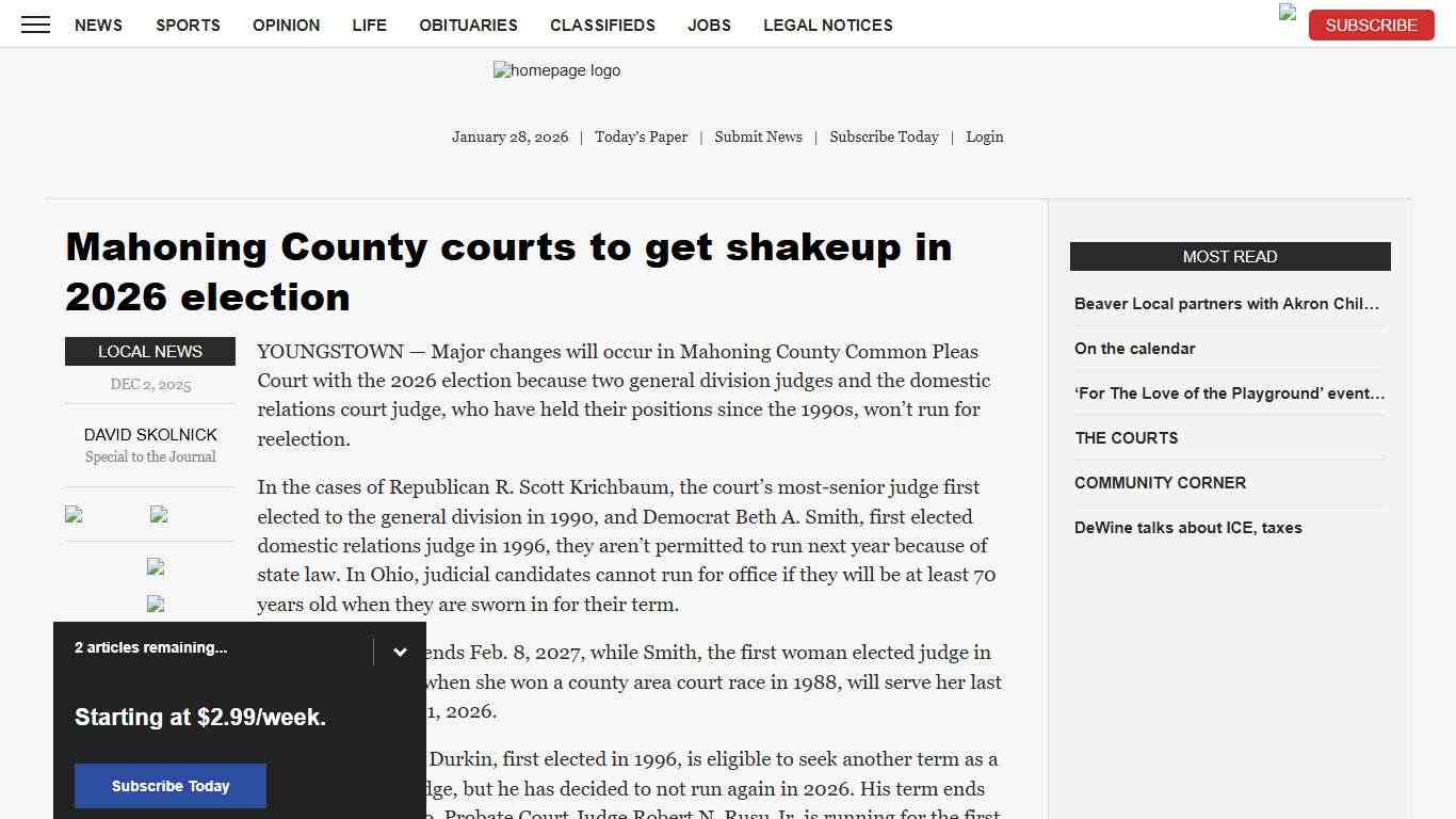 Mahoning County courts to get shakeup in 2026 election News, Sports, Jobs - Morning Journal